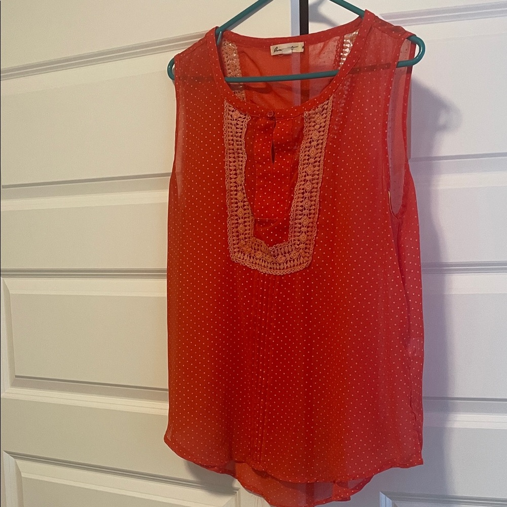 Elegant Red Sleeveless Blouse with Lace Trim